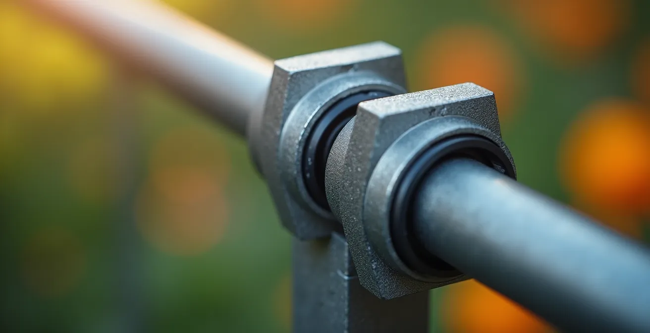 Vue macro détaillée de la structure aluminium d'un barnum avec système de pliage