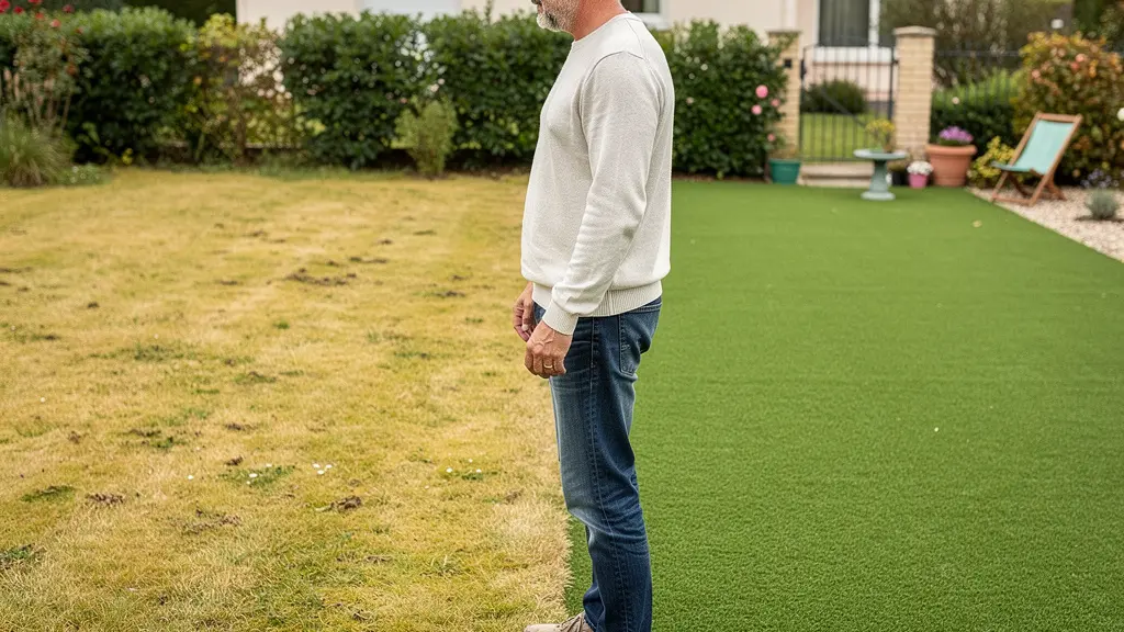 Comparaison visuelle entre pelouse naturelle jaunie et gazon synthétique verdoyant