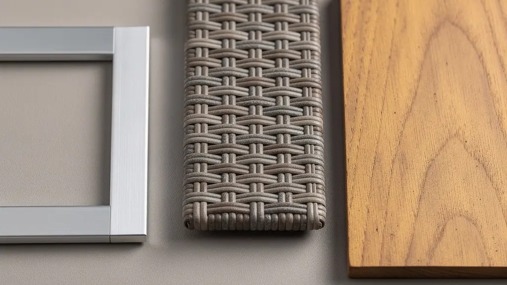 Détail textures aluminium brossé, résine tressée et bois teck côte à côte