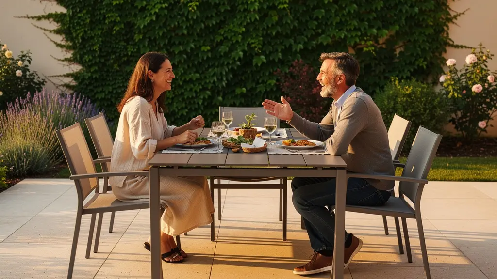 Couple déjeunant sur terrasse française avec mobilier jardin aluminium extensible