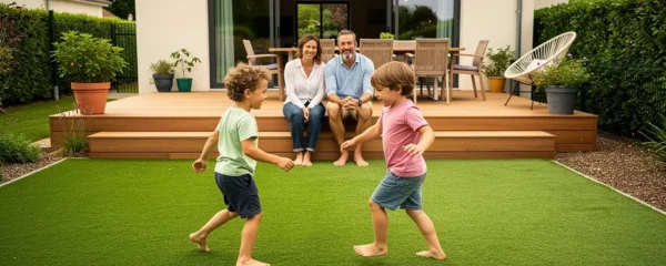 Jardin résidentiel avec pelouse synthétique verdoyante et famille profitant de l'extérieur