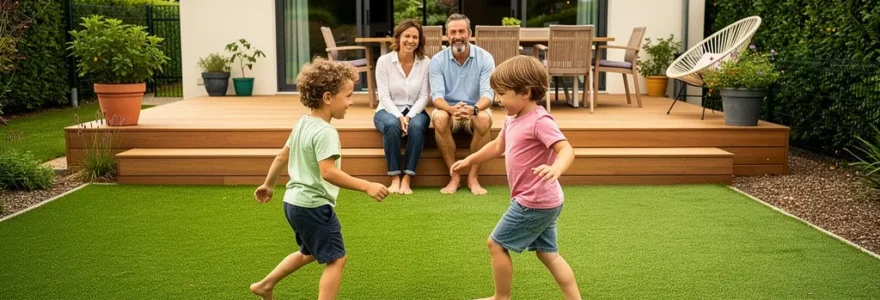 Jardin résidentiel avec pelouse synthétique verdoyante et famille profitant de l'extérieur