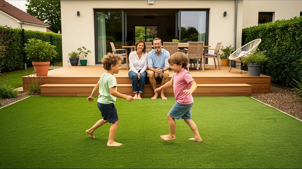 Jardin résidentiel avec pelouse synthétique verdoyante et famille profitant de l'extérieur