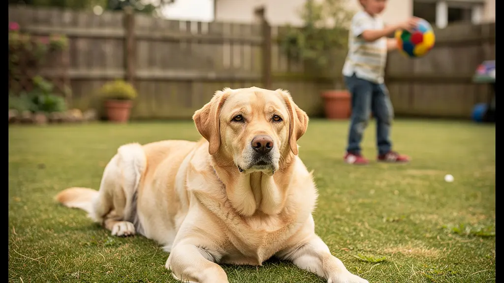 Labrador détendu sur gazon synthétique avec enfant jouant en arrière-plan