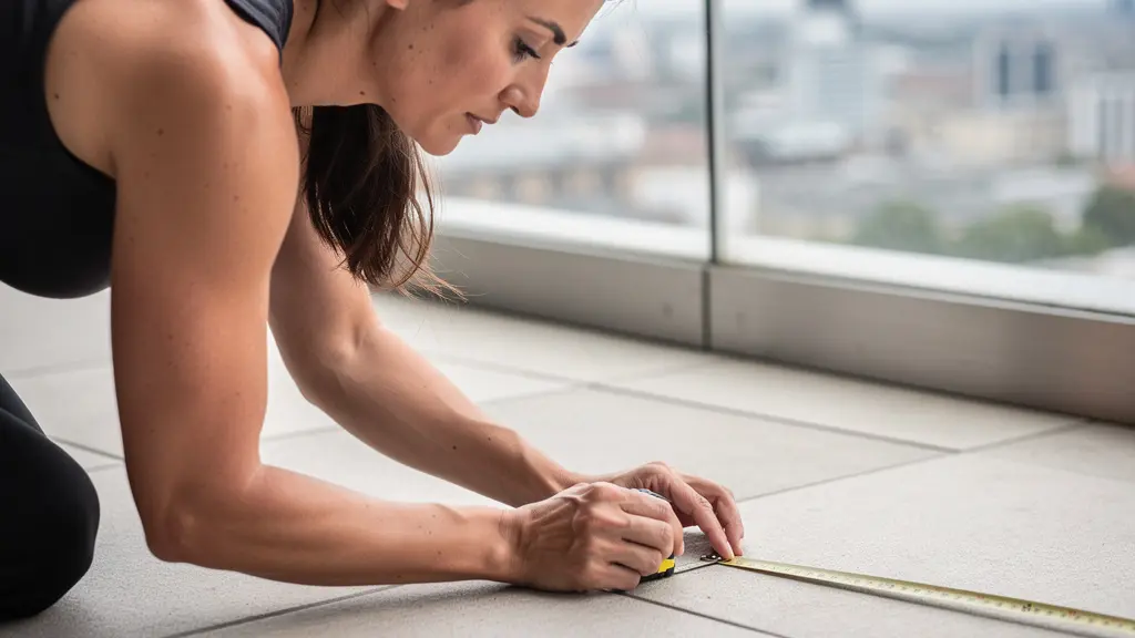 Personne mesurant terrasse vide avec mètre ruban, vue par-dessus l'épaule