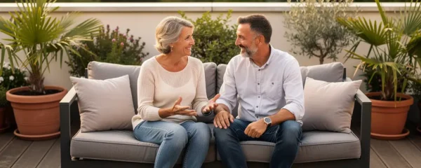 Couple discutant sur salon de jardin aluminium moderne, terrasse résidentielle française