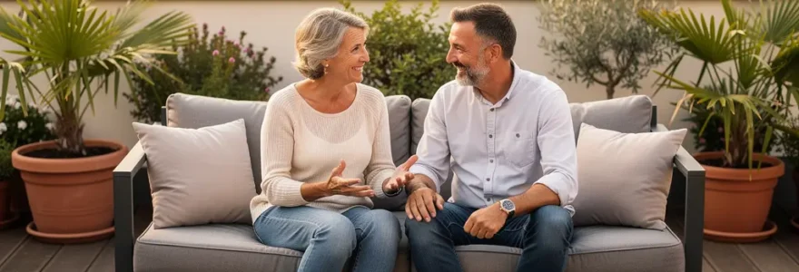 Couple discutant sur salon de jardin aluminium moderne, terrasse résidentielle française