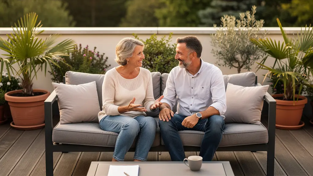 Couple discutant sur salon de jardin aluminium moderne, terrasse résidentielle française
