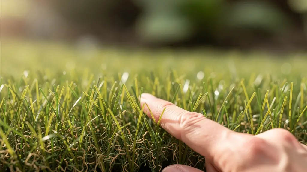 Texture détaillée de gazon synthétique 40mm avec main effleurant les brins