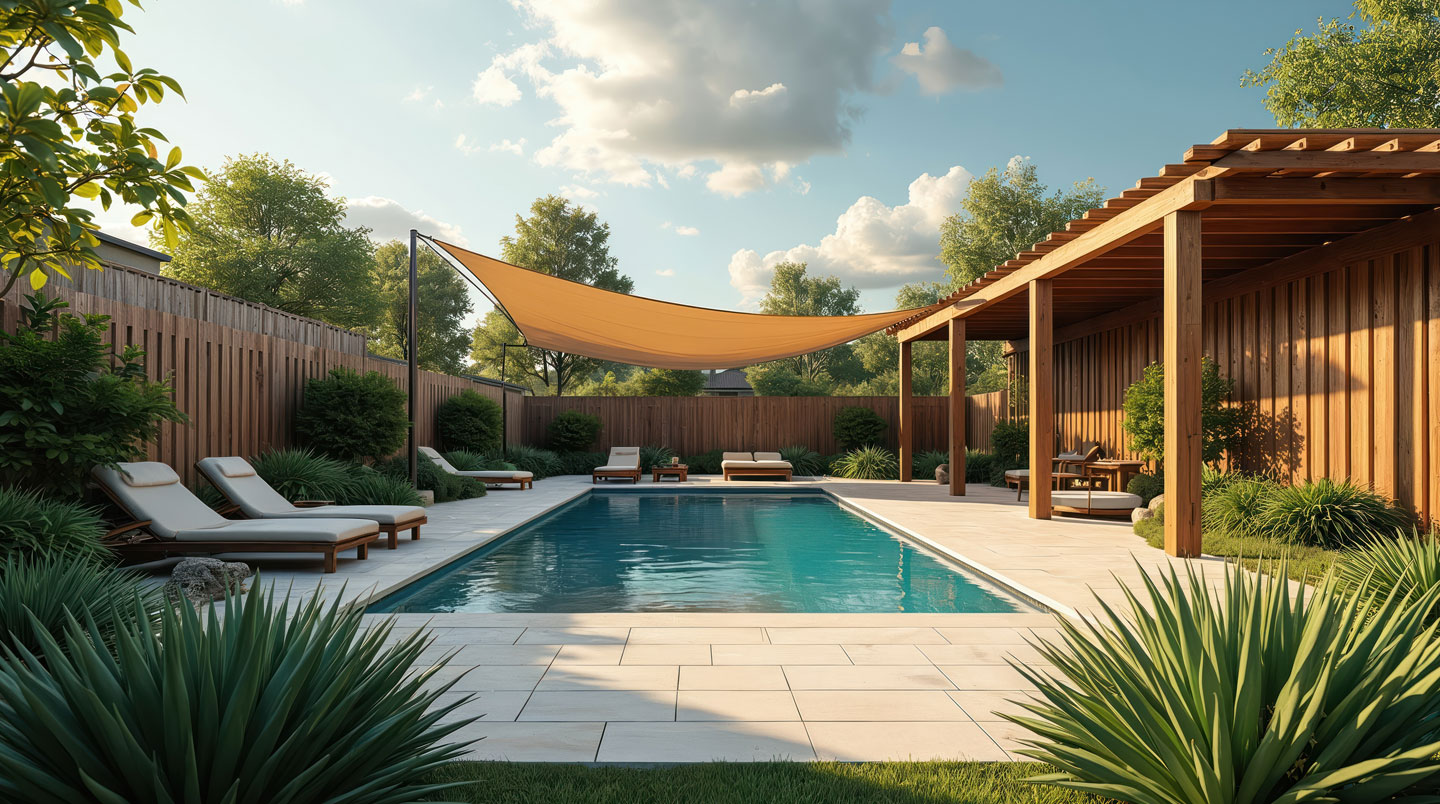Cinq éléments essentiels pour un patio familial sécurisé représentés par des icônes minimalistes.