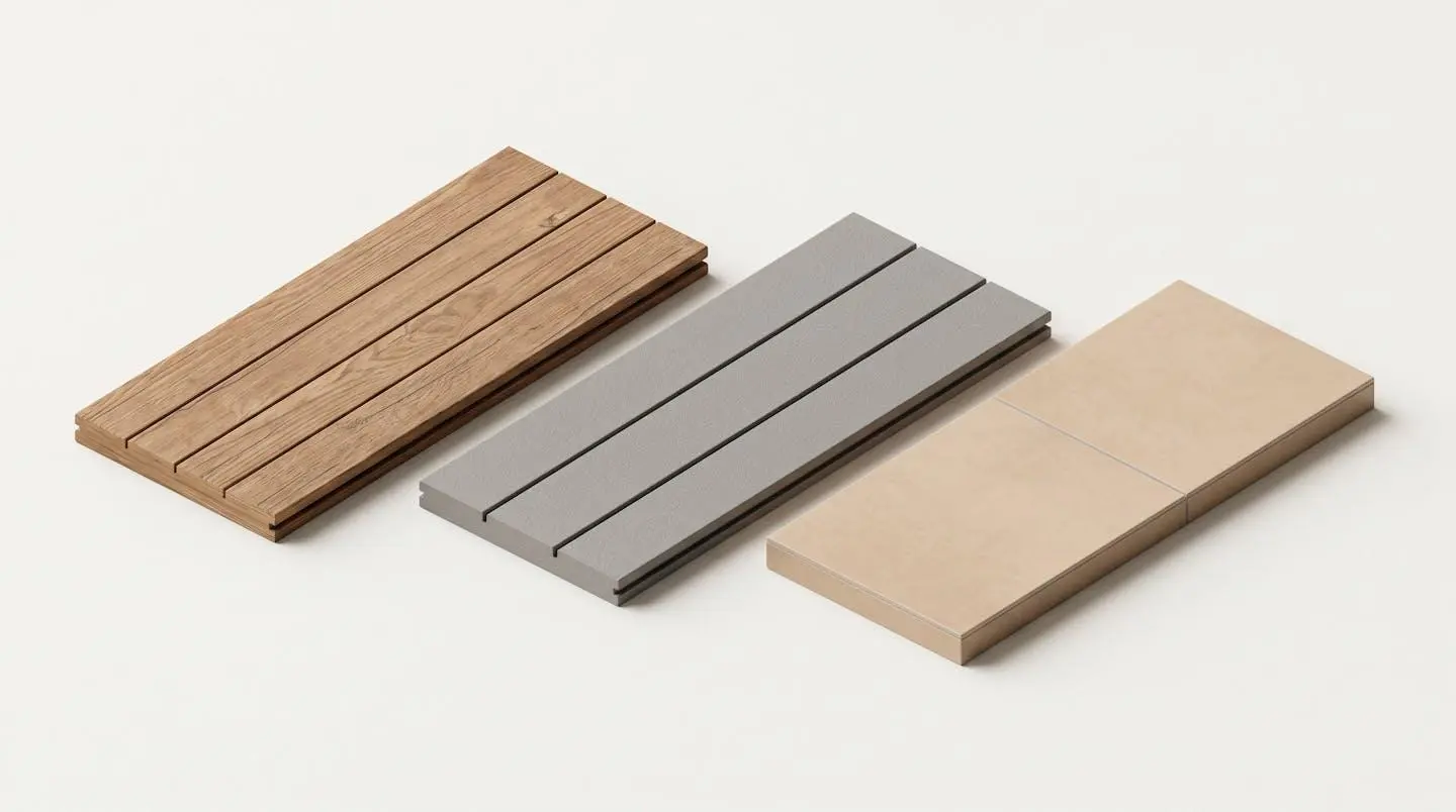 Comparaison de trois matériaux pour terrasse : bois traité, composite et carrelage.