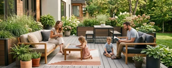 Famille profitant d'un patio moderne en composite avec vue sur aménagement paysager résidentiel.