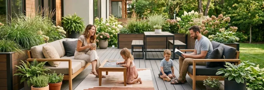 Famille profitant d'un patio moderne en composite avec vue sur aménagement paysager résidentiel.