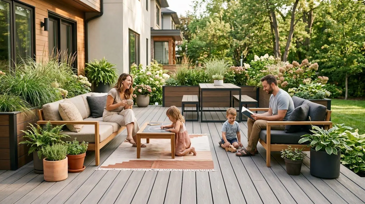 Famille profitant d'un patio moderne en composite avec vue sur aménagement paysager résidentiel.